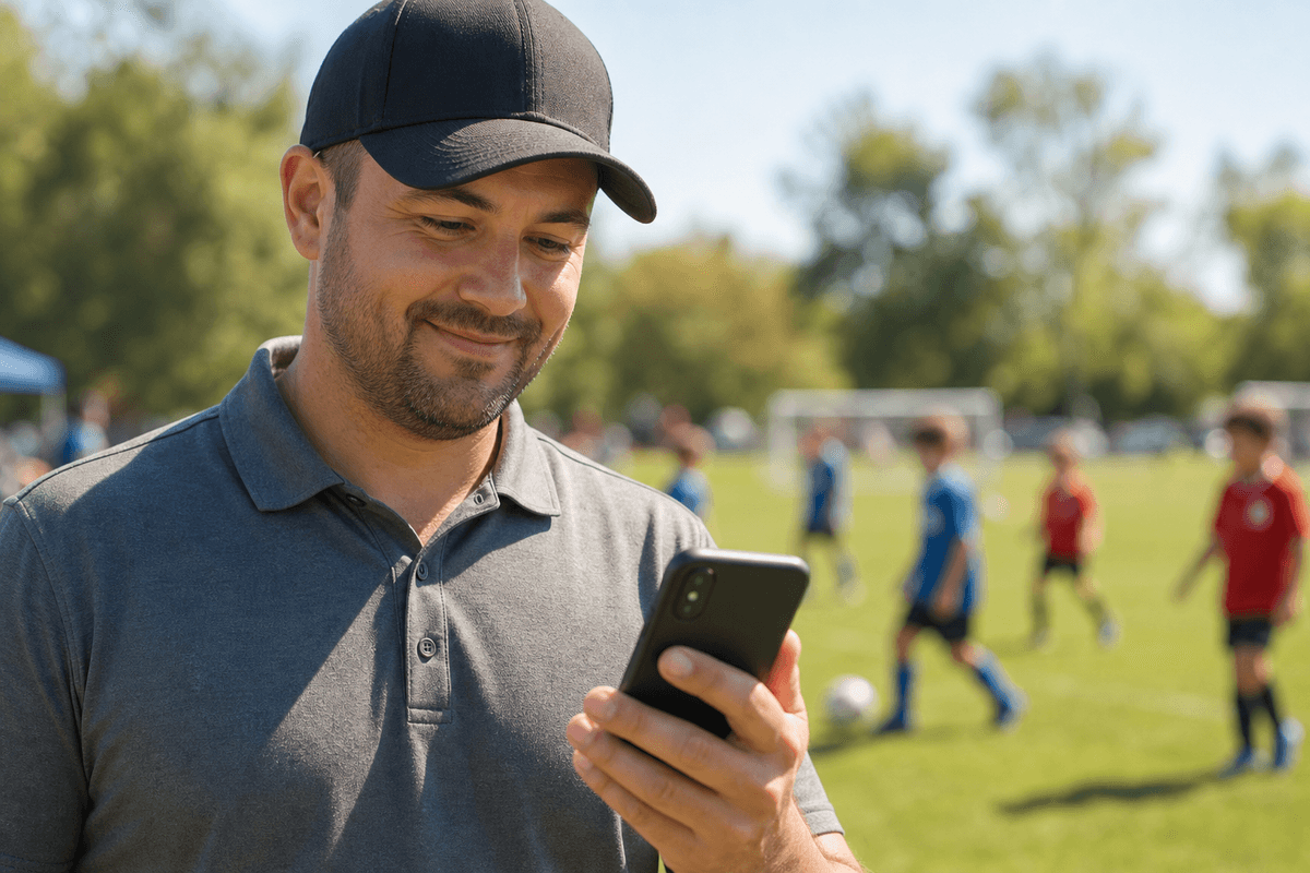 A youth soccer coach checking the CoachClip app on their phone during a game