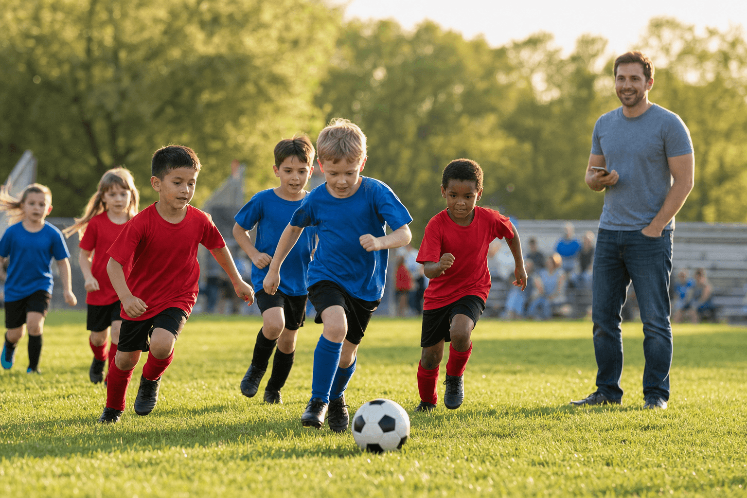 Youth soccer players chasing the ball while a volunteer coach watches from the sideline